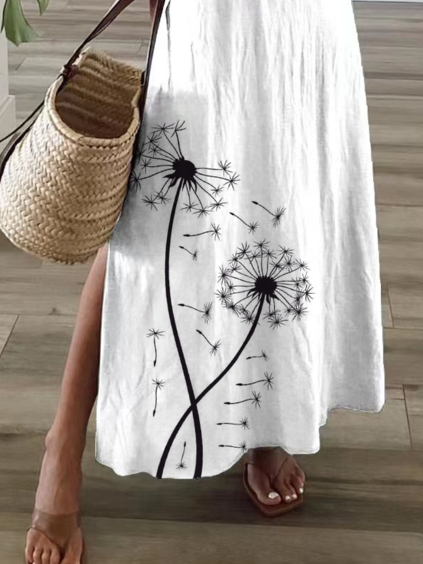 Women Floral Summer Printing Dress V Neck Short Sleeve T-Shirt Dress X-Line Dress