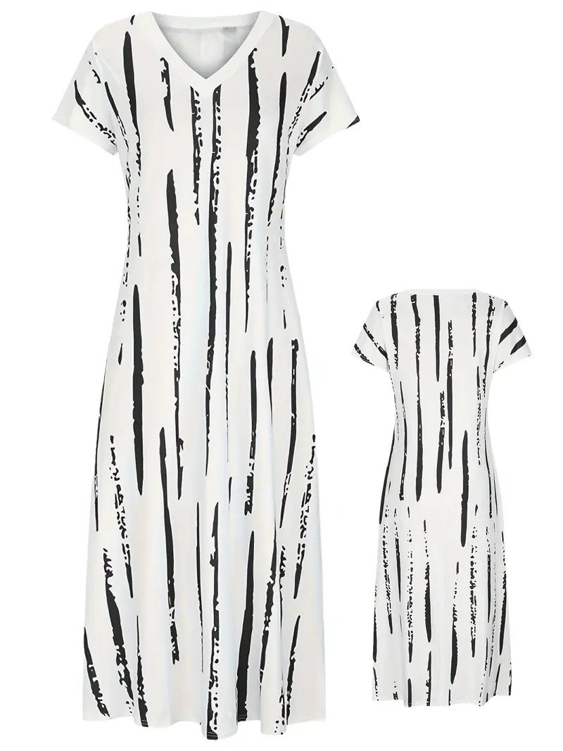 Women Vacation Striped V Neck Short Sleeve Comfy Casual Printing Maxi Dress