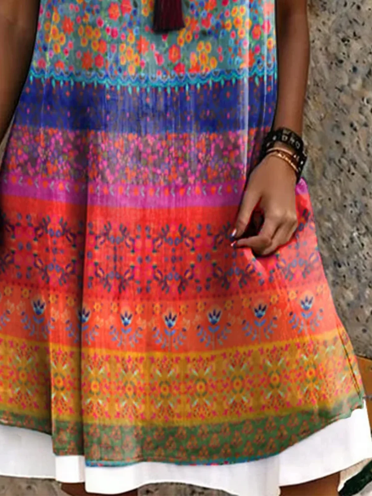 Women Vacation Ethnic Print Crew Neck Sleeveless Comfy Casual Midi Dress