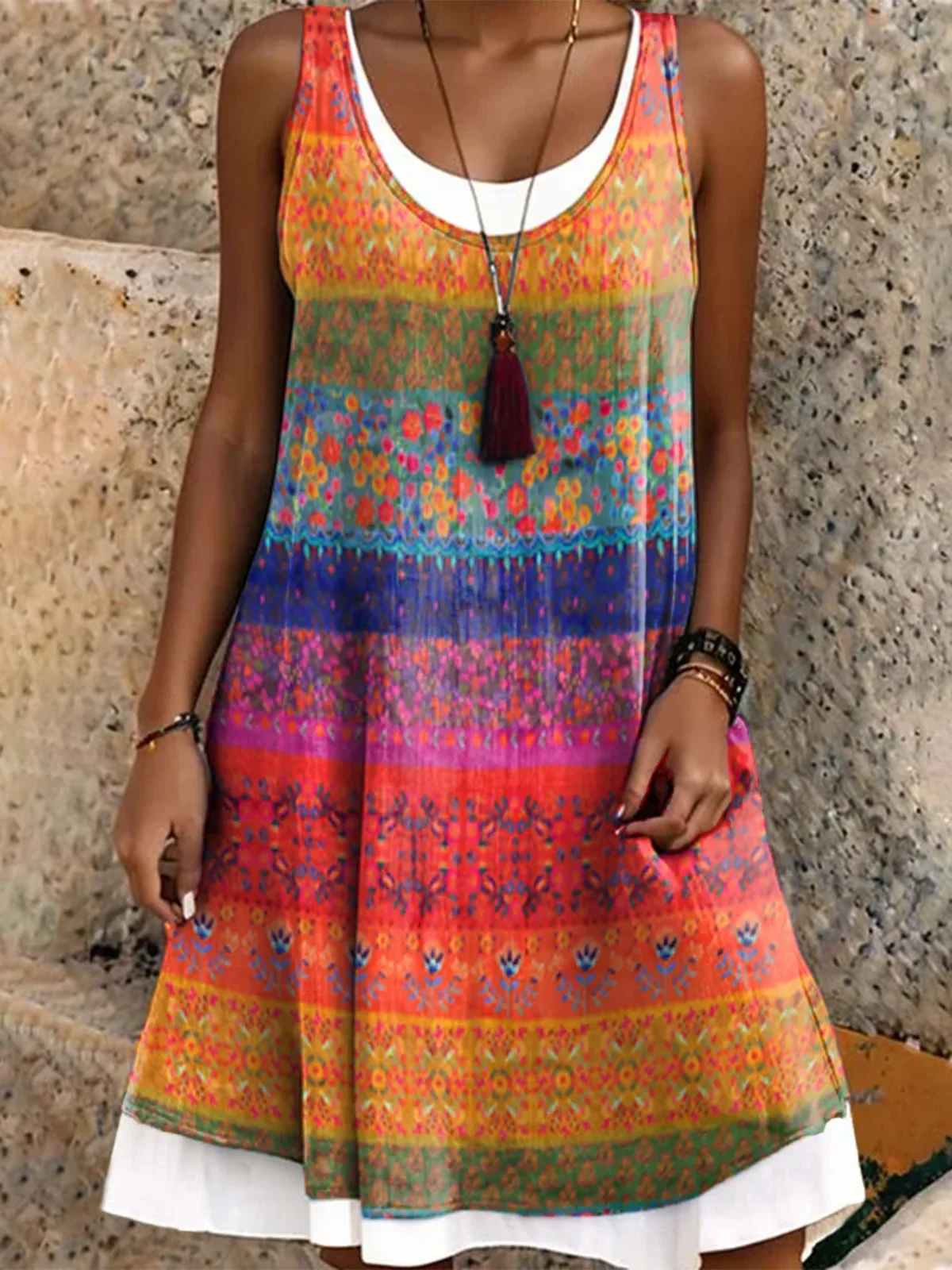 Women Vacation Ethnic Print Crew Neck Sleeveless Comfy Casual Midi Dress