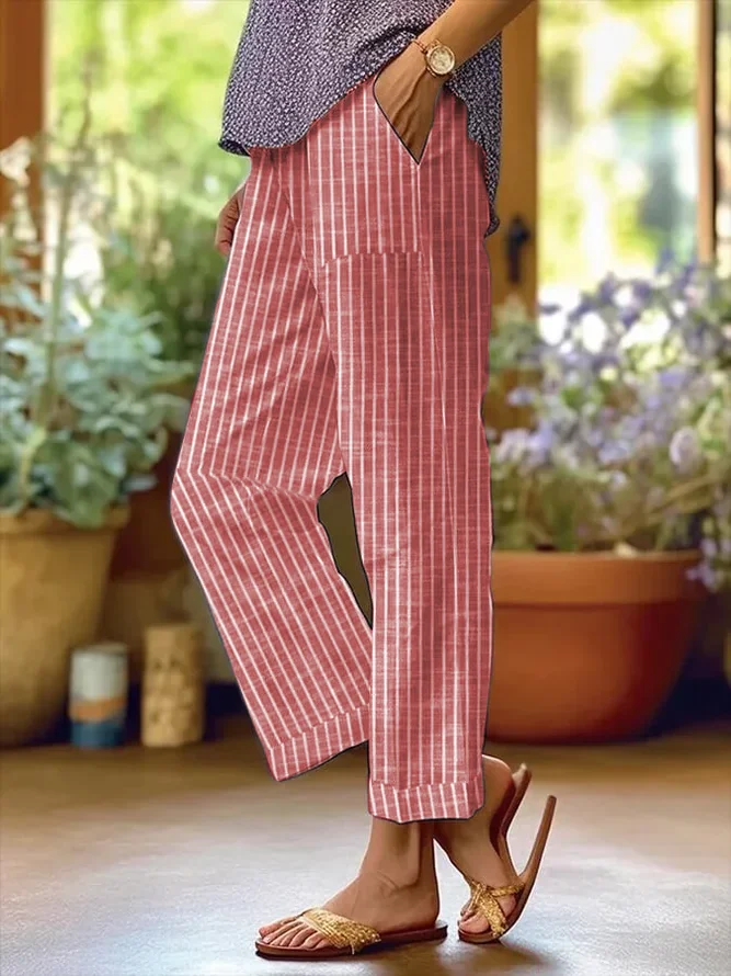 Casual Striped Ankle Pants Printing Pants