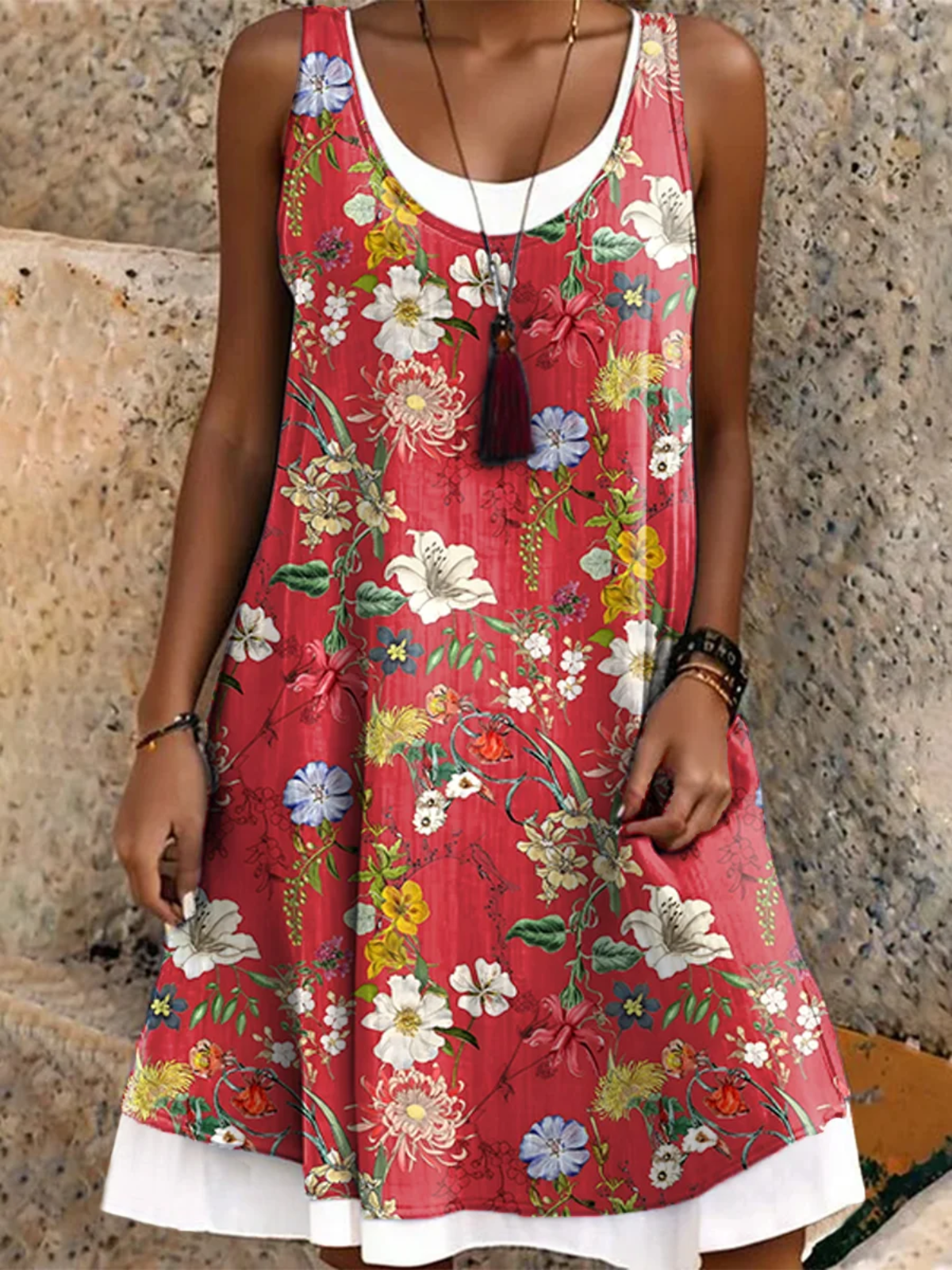 Women Vacation Floral Print Crew Neck Sleeveless Comfy Casual Midi Dress