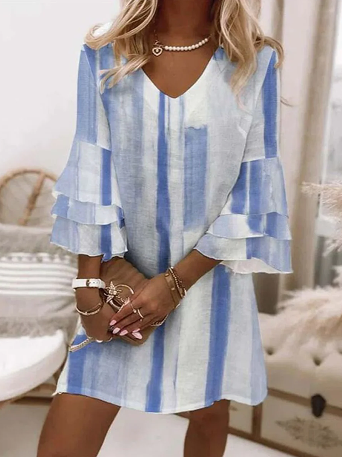 Women Floral V Neck Half Sleeve Comfy Boho Midi Dress