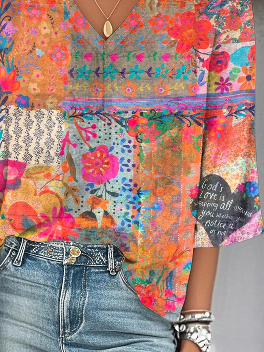 V Neck Three Quarter Sleeve 3D Printing Regular Loose Blouse For Women