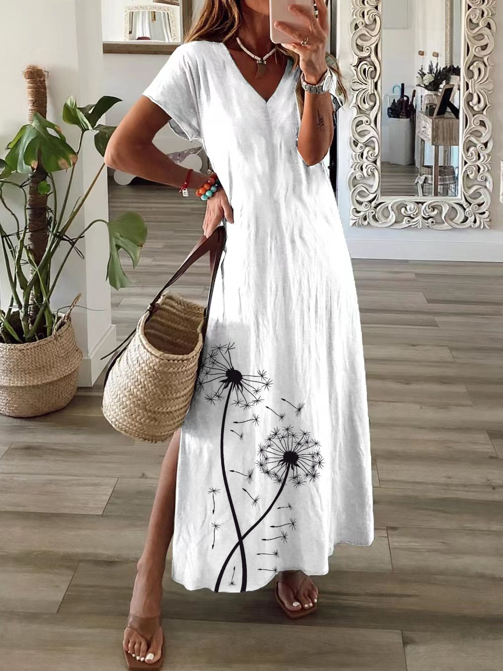 Women Floral Summer Printing Dress V Neck Short Sleeve T-Shirt Dress X-Line Dress
