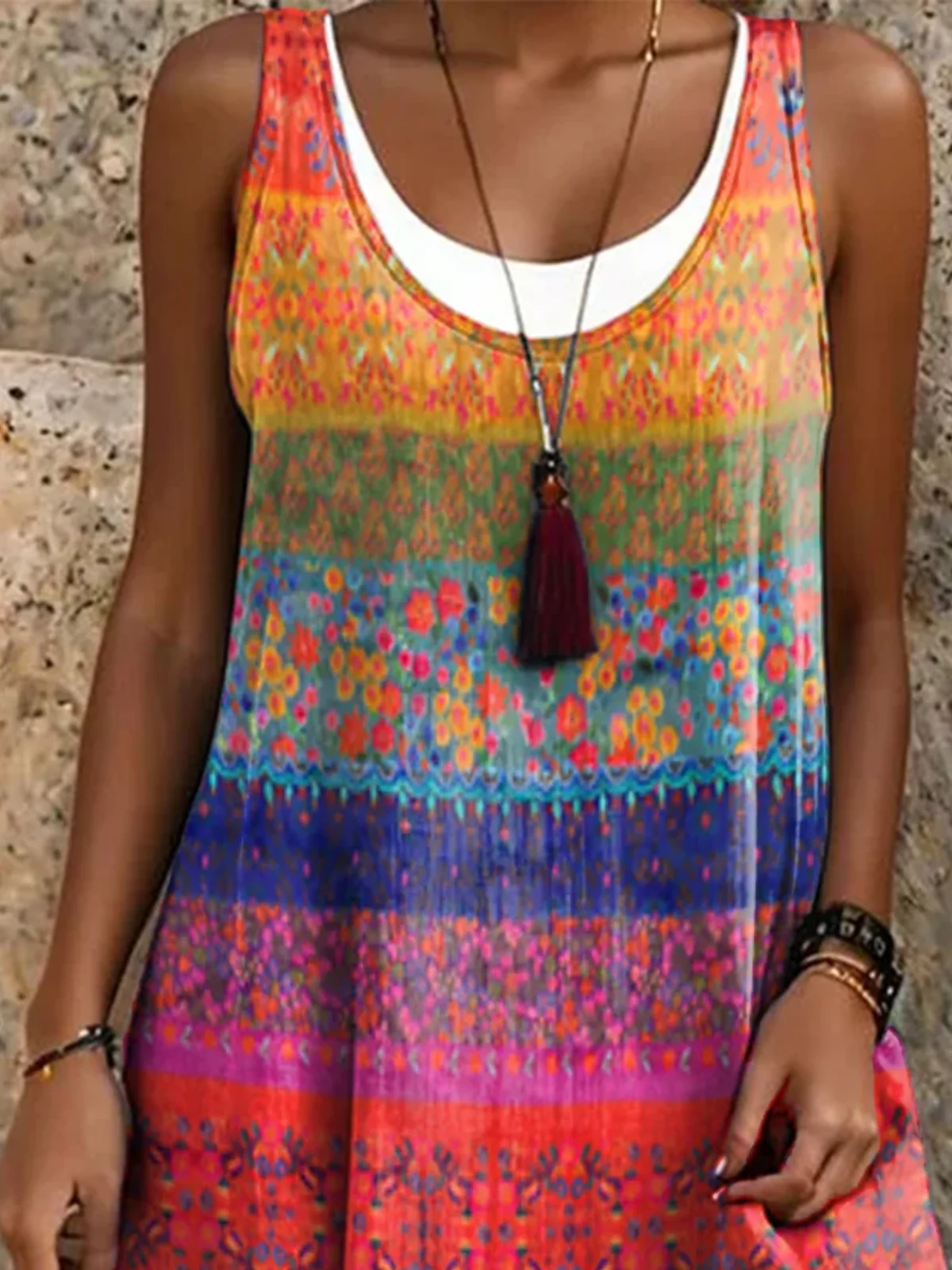 Women Vacation Ethnic Print Crew Neck Sleeveless Comfy Casual Midi Dress