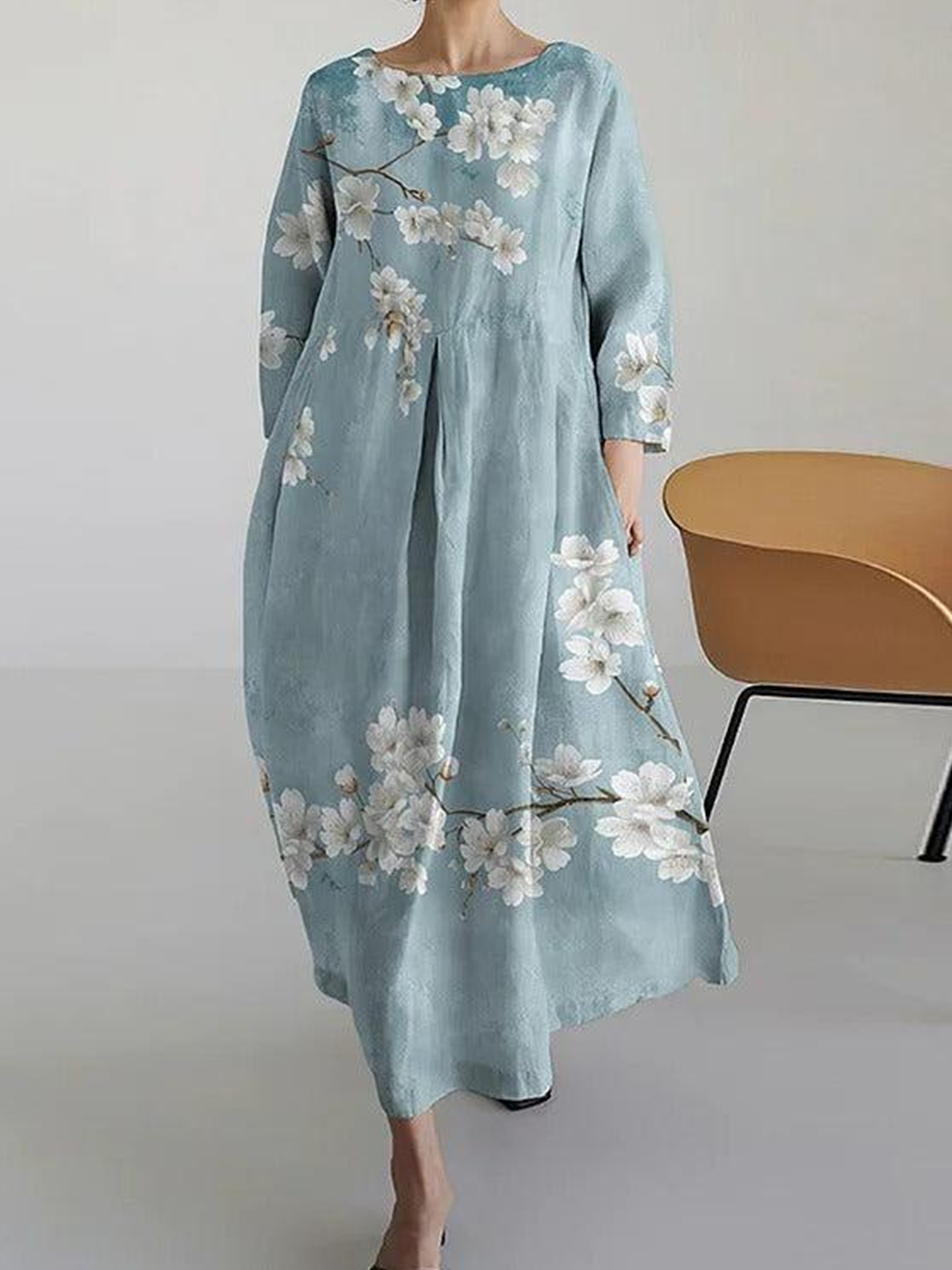 Women Floral Crew Neck Half Sleeve Comfy Casual Maxi Dress