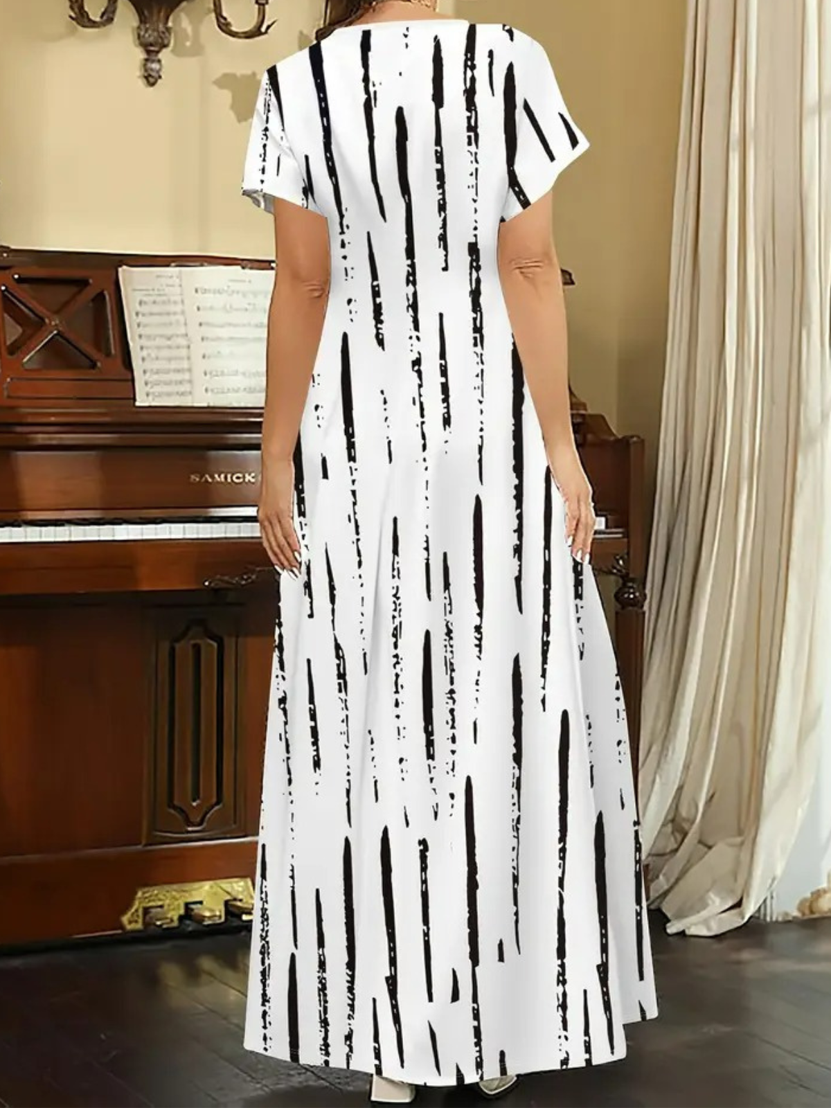 Women Vacation Striped V Neck Short Sleeve Comfy Casual Printing Maxi Dress