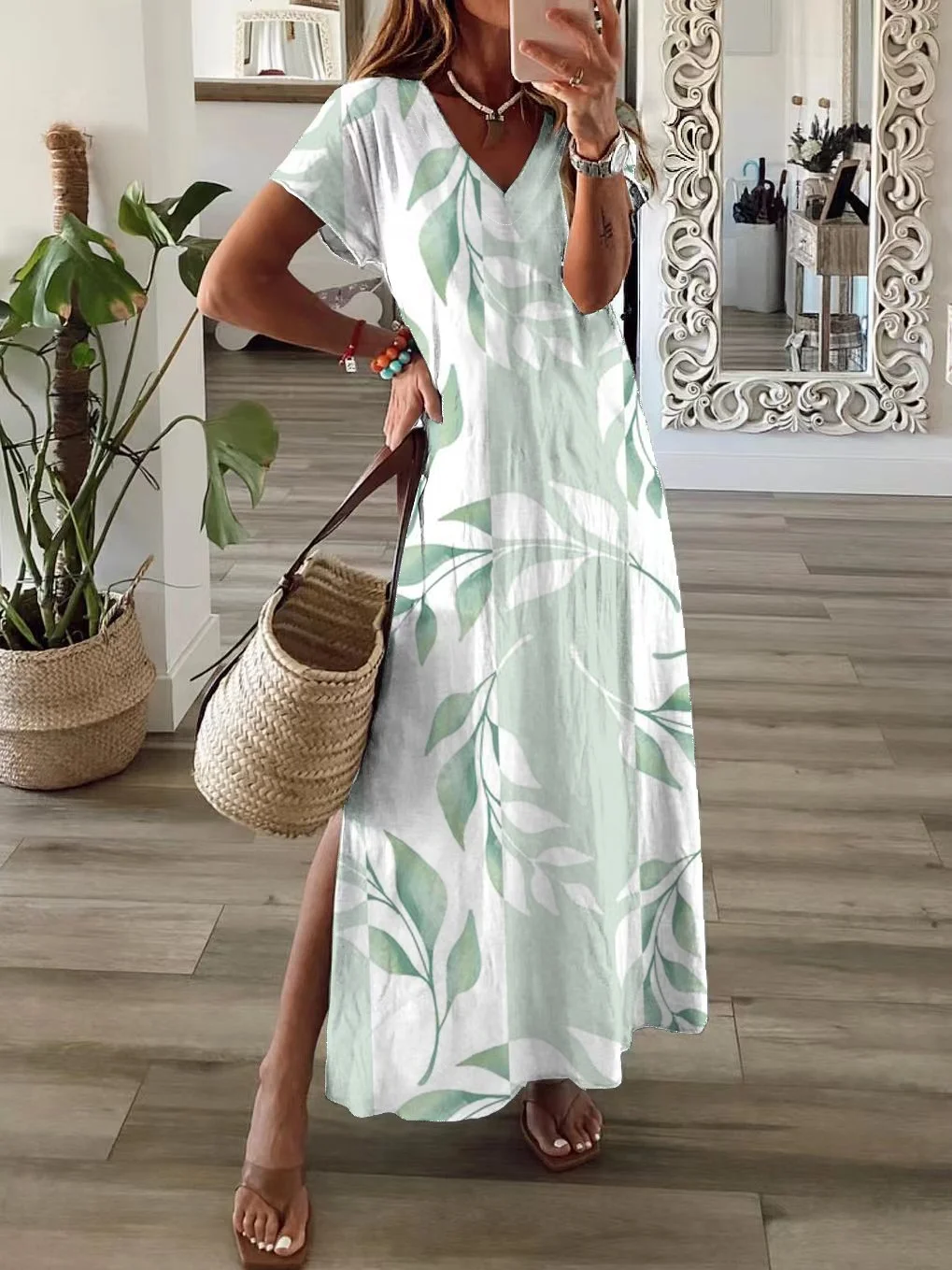 Women Floral Summer Printing Dress V Neck Short Sleeve T-Shirt Dress X-Line Dress