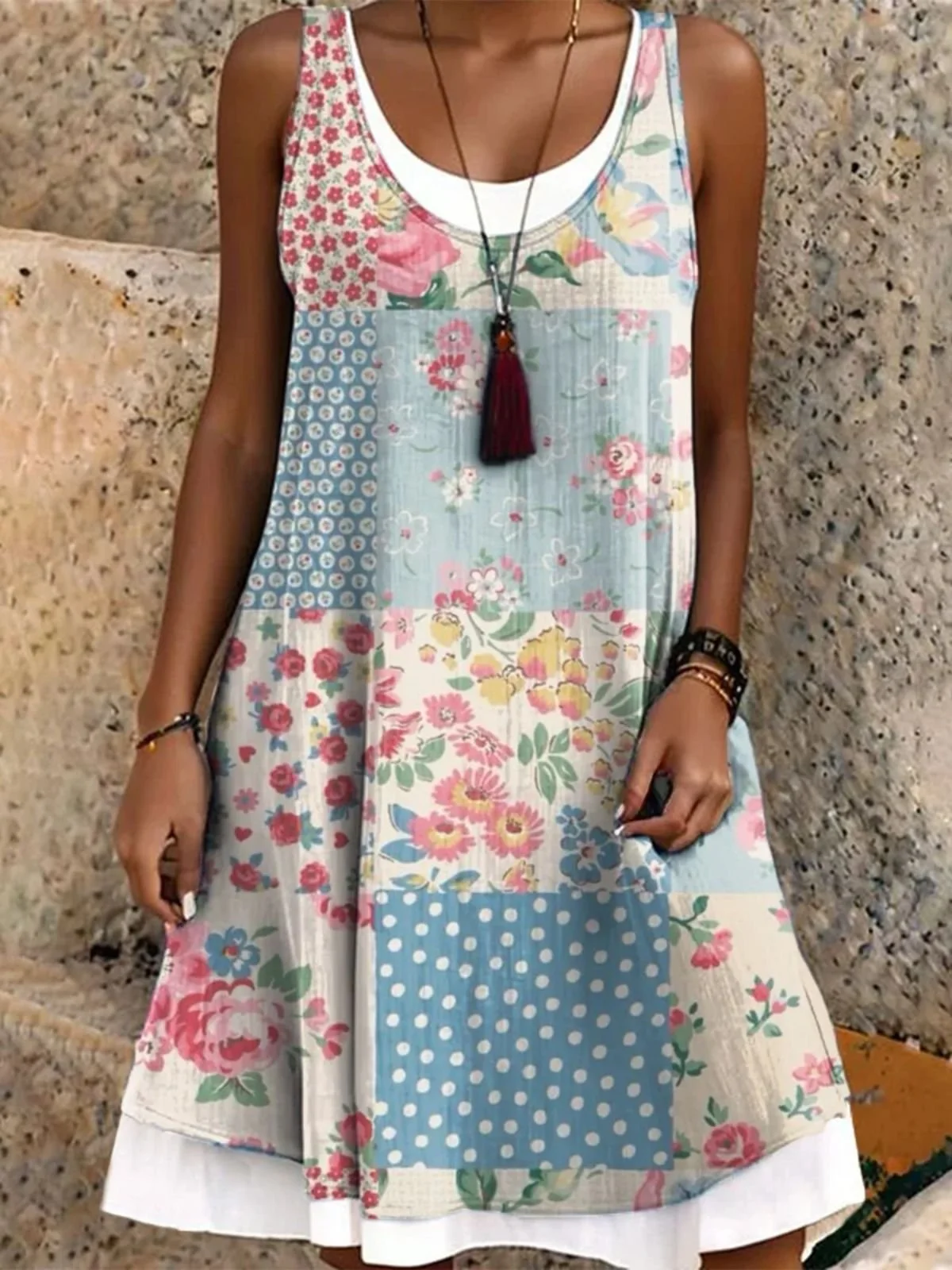 Women Vacation Ethnic Floral Print Crew Neck Sleeveless Comfy Casual Midi Dress