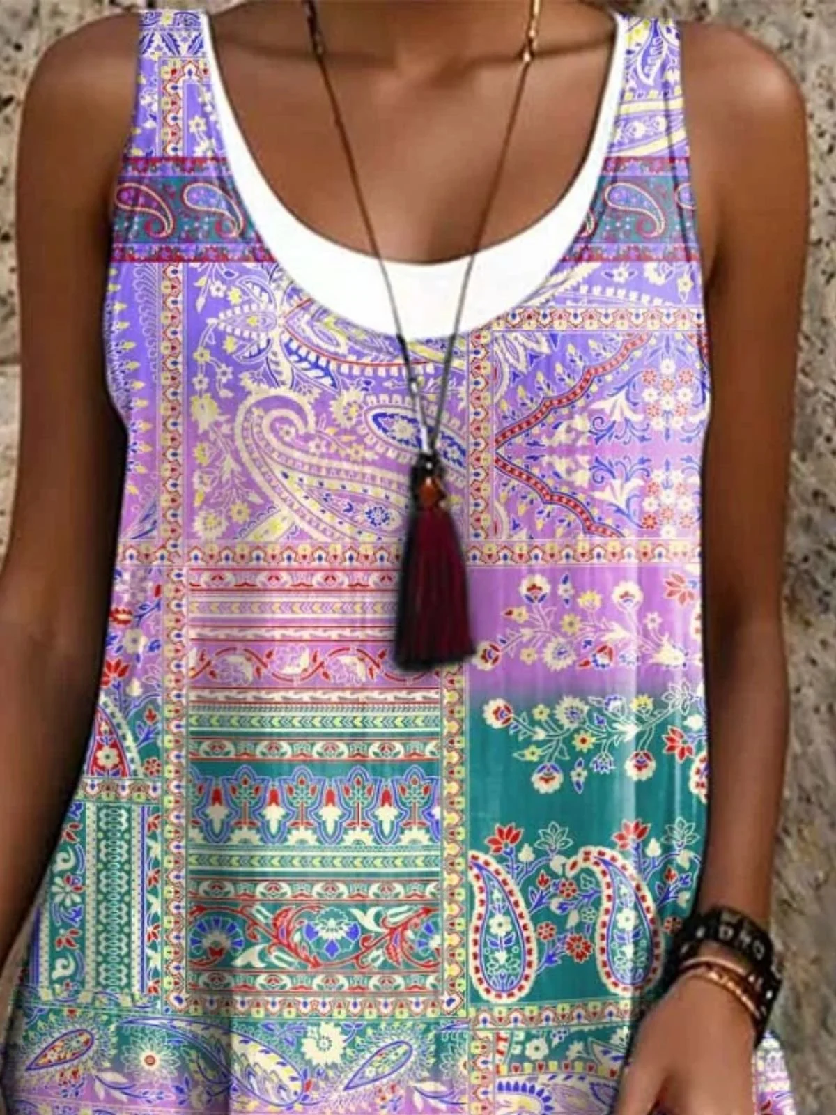 Women Vacation Paisley Print Crew Neck Sleeveless Comfy Casual Midi Dress