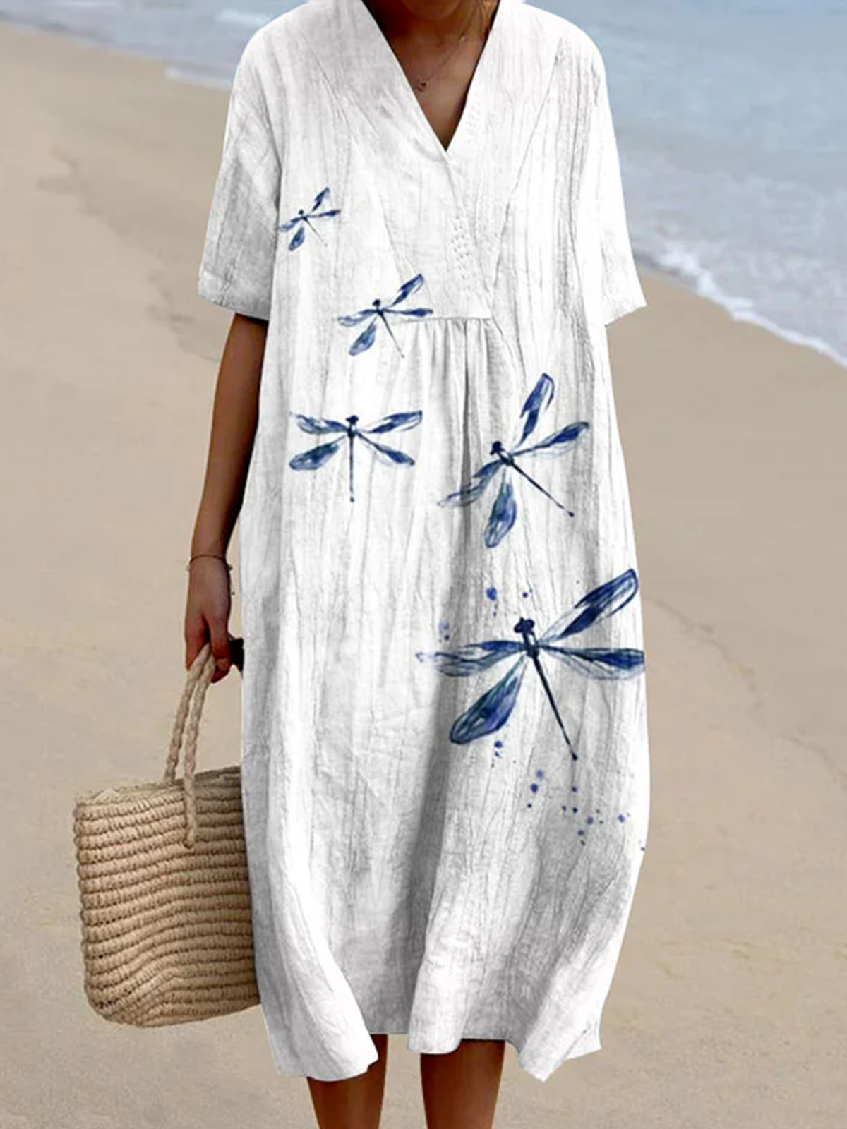 Women Dragonfly Crew Neck Short Sleeve Comfy Casual Maxi Dress