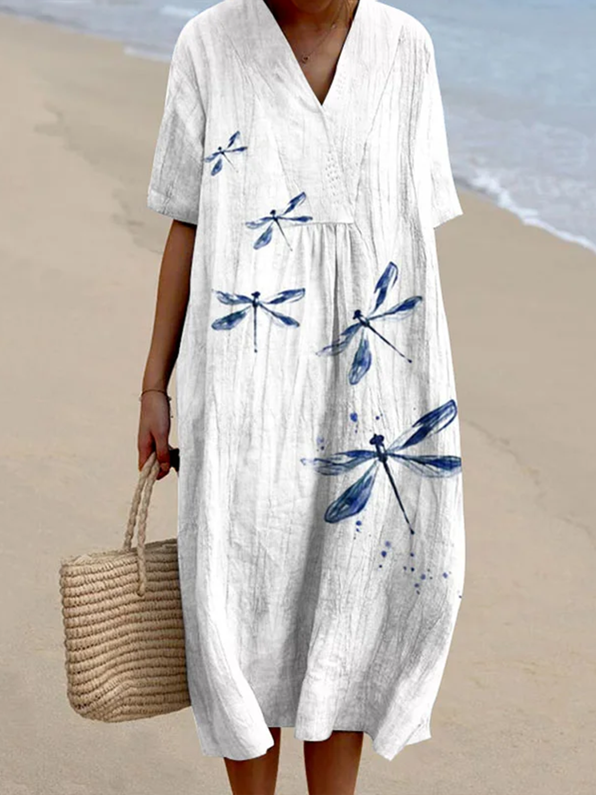 Women Dragonfly Crew Neck Short Sleeve Comfy Casual Maxi Dress