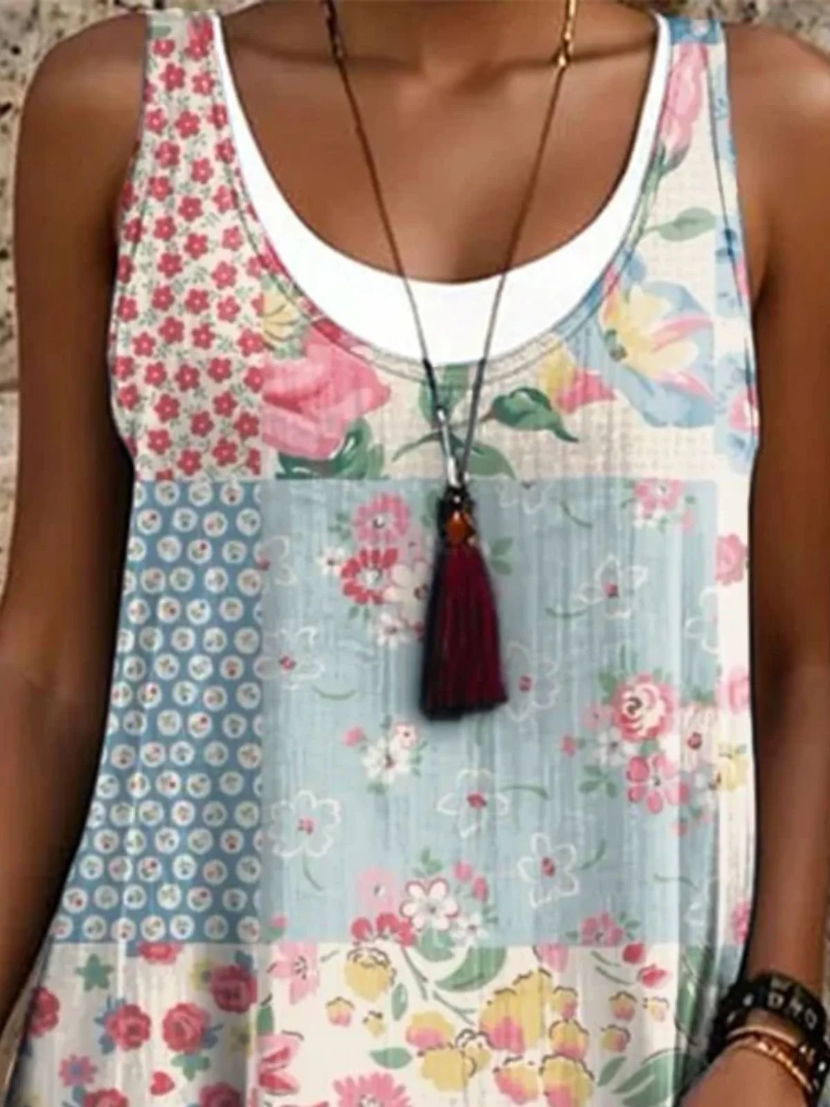 Women Vacation Ethnic Floral Print Crew Neck Sleeveless Comfy Casual Midi Dress