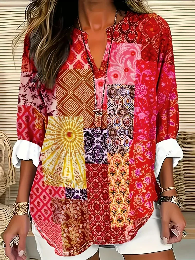 Shawl Collar Half Sleeve Floral Regular Loose Blouse For Women