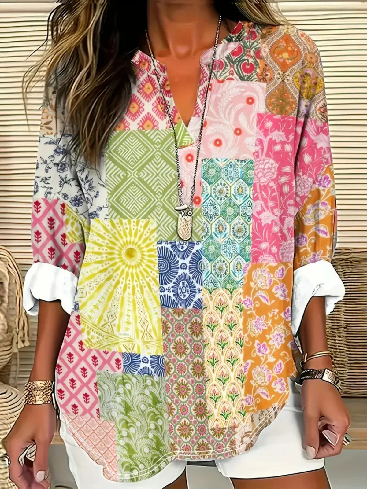 Shawl Collar Half Sleeve Floral Regular Loose Blouse For Women