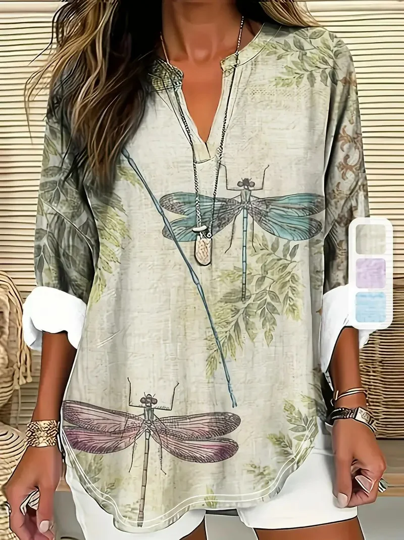 Shawl Collar Half Sleeve Dragonfly Regular Loose Blouse For Women