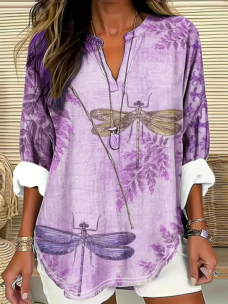 Shawl Collar Half Sleeve Dragonfly Regular Loose Blouse For Women