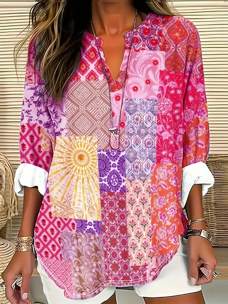 Shawl Collar Half Sleeve Floral Regular Loose Blouse For Women