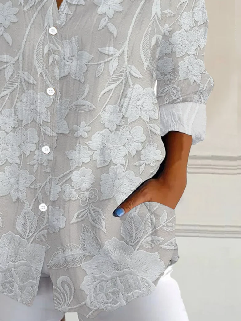 Shirt Collar Long Sleeve Floral Buckle Regular Loose Button Up Shirt Shirt For Women