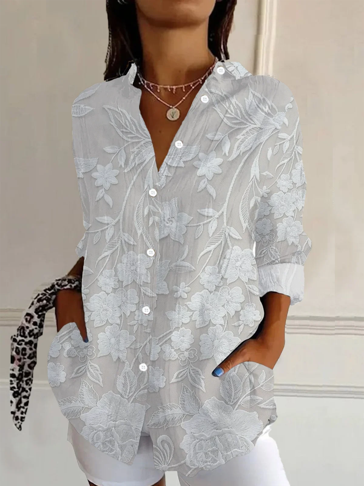 Shirt Collar Long Sleeve Floral Buckle Regular Loose Button Up Shirt Shirt For Women