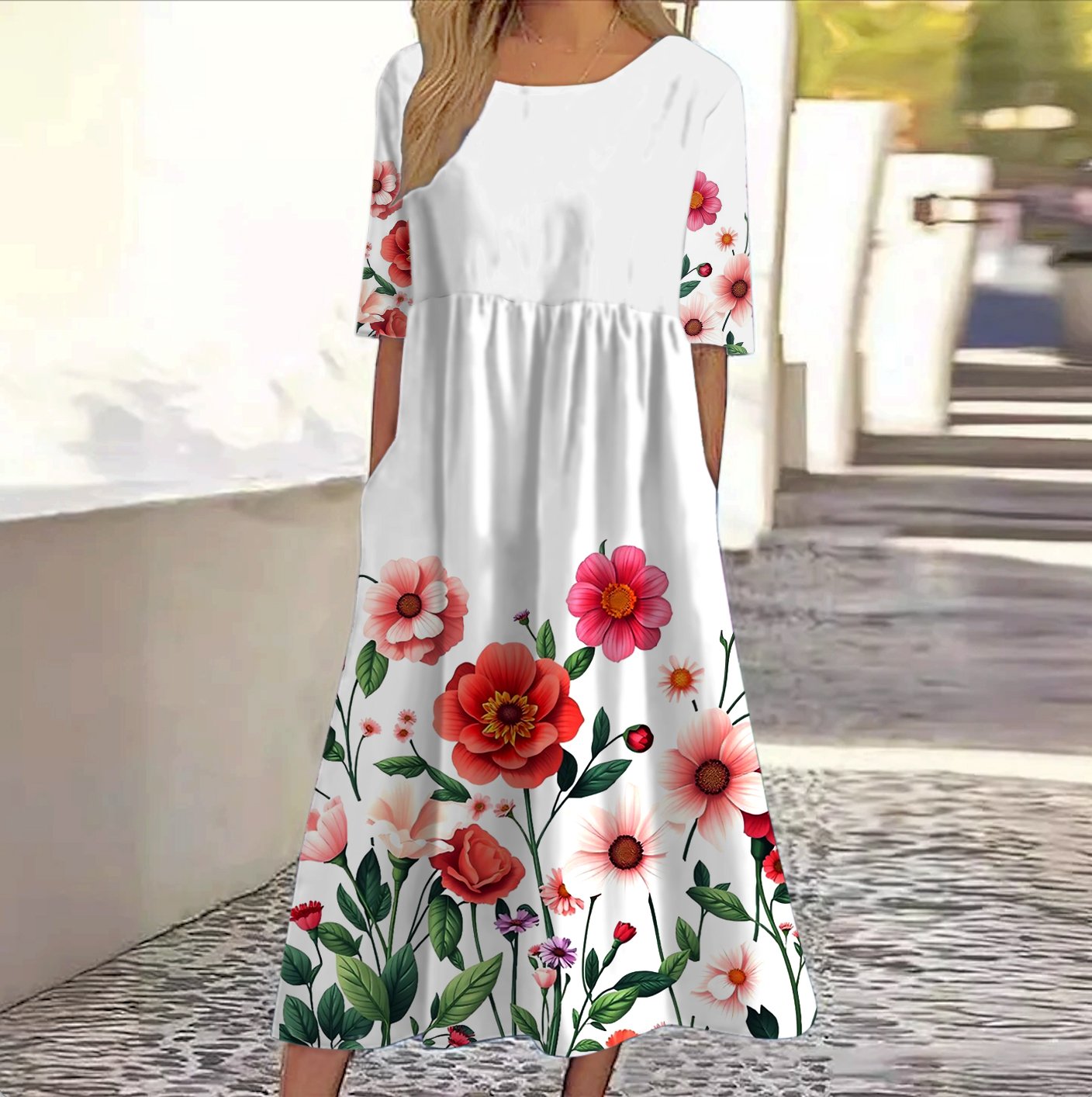 Women Floral Crew Neck Short Sleeve Comfy Casual Maxi Dress