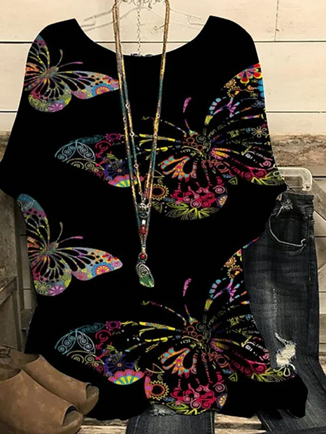 Vintage Butterfly Crew Neck Three Quarter Sleeve T-shirt