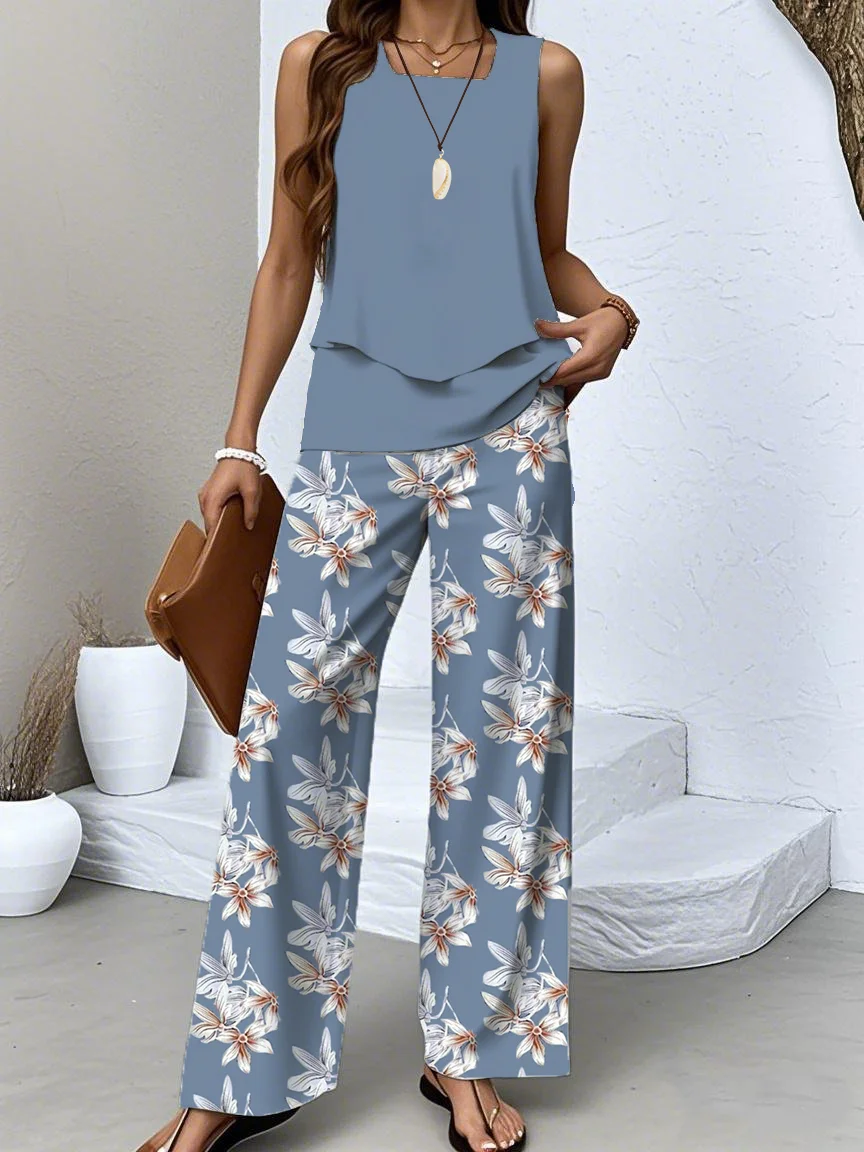 Women Floral Crew Neck Sleeveless Comfy Casual Top With Pants Two-Piece Set