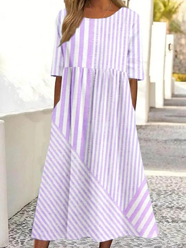 Women Striped Crew Neck Half Sleeve Comfy Casual Maxi Dress