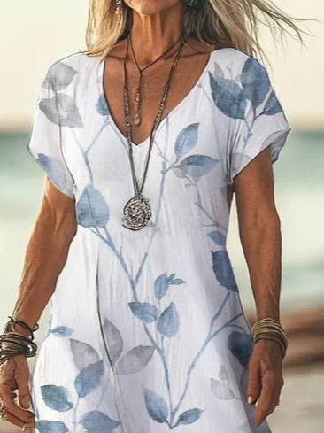 Women Floral V Neck Short Sleeve Comfy Casual Printing Maxi Dress