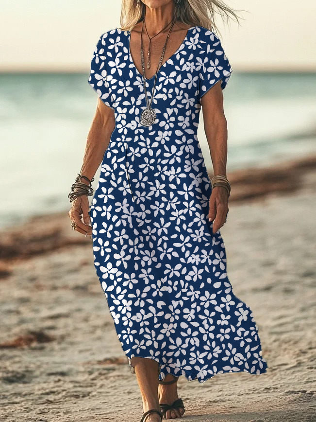 Women Floral V Neck Short Sleeve Comfy Casual Printing Maxi Dress