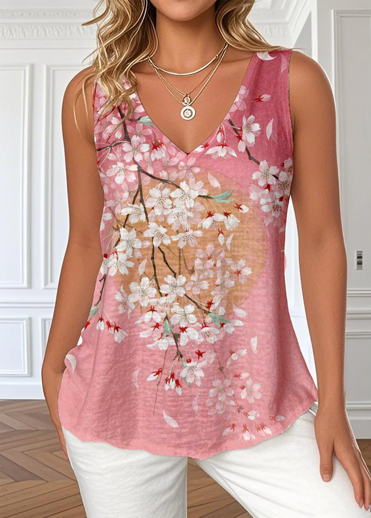 Casual Floral V Neck Sleeveless T-shirt