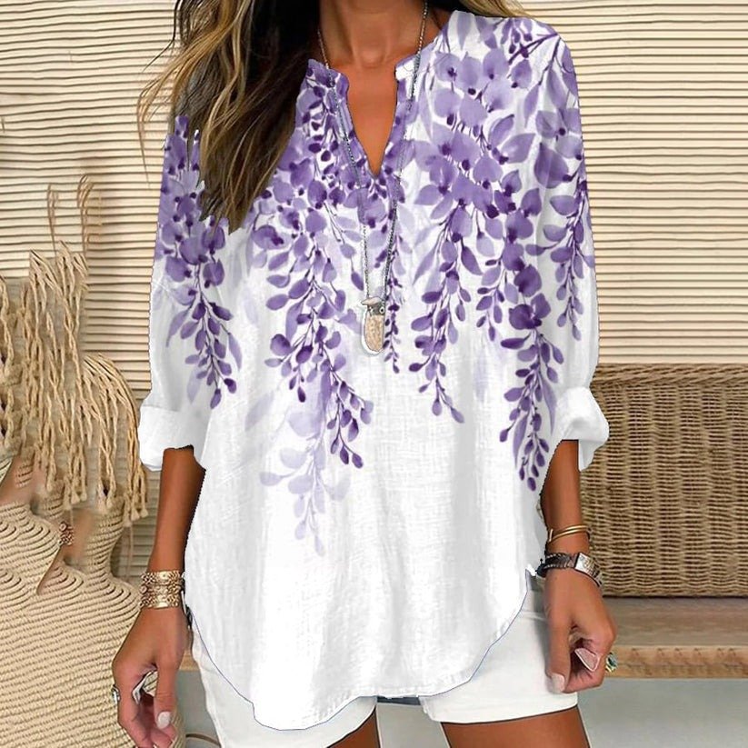 Shawl Collar Half Sleeve Floral Regular Loose Blouse For Women