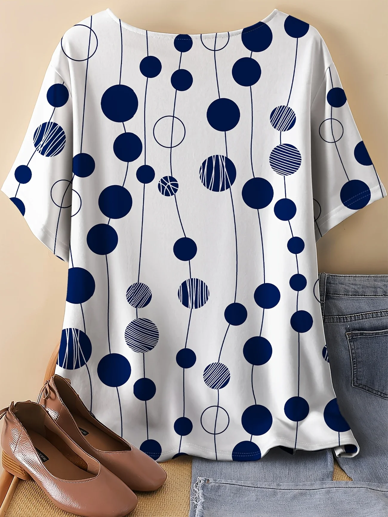Vintage Polka Dots Crew Neck Three Quarter Sleeve T-shirt