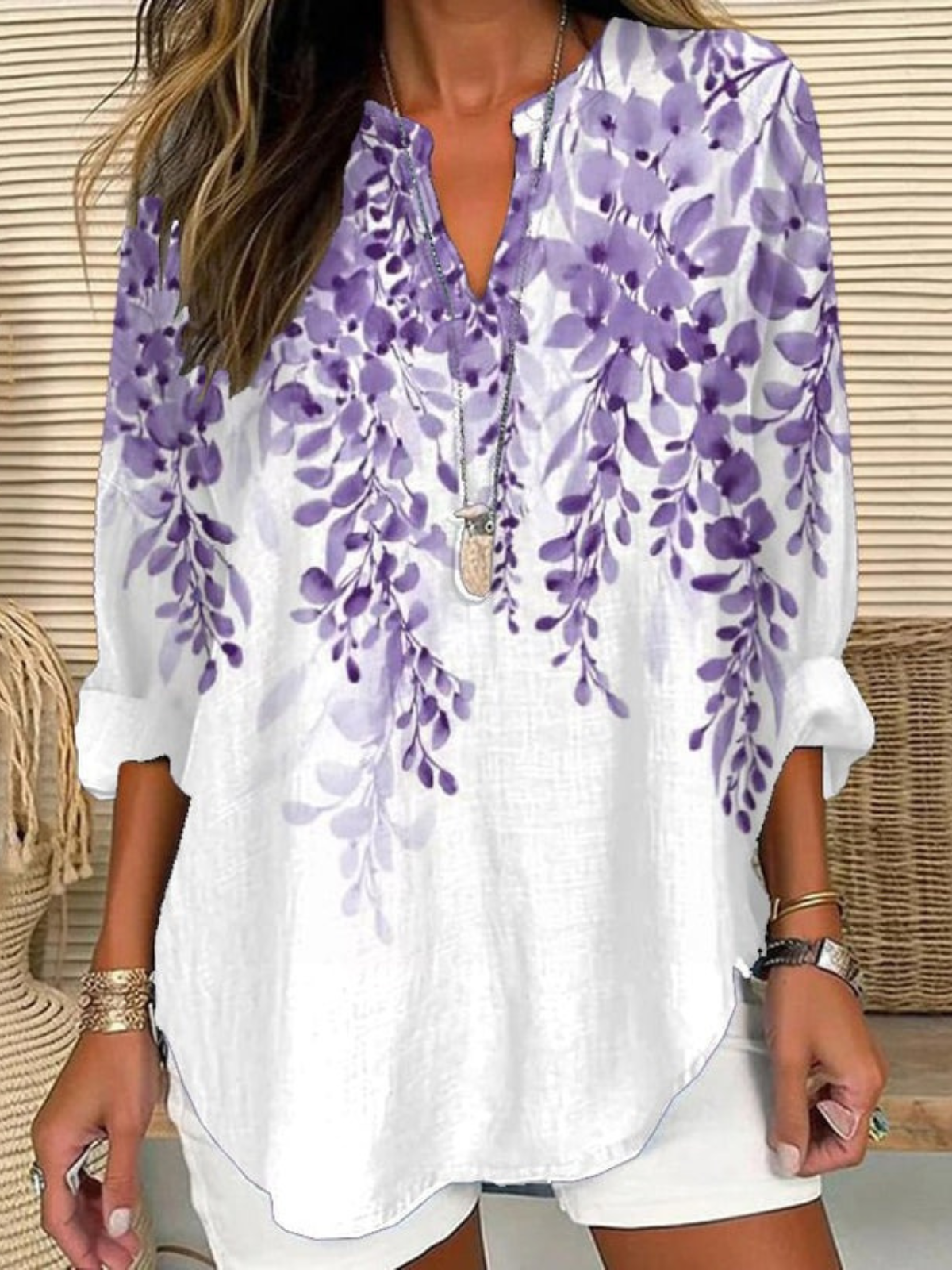 Shawl Collar Half Sleeve Floral Regular Loose Blouse For Women