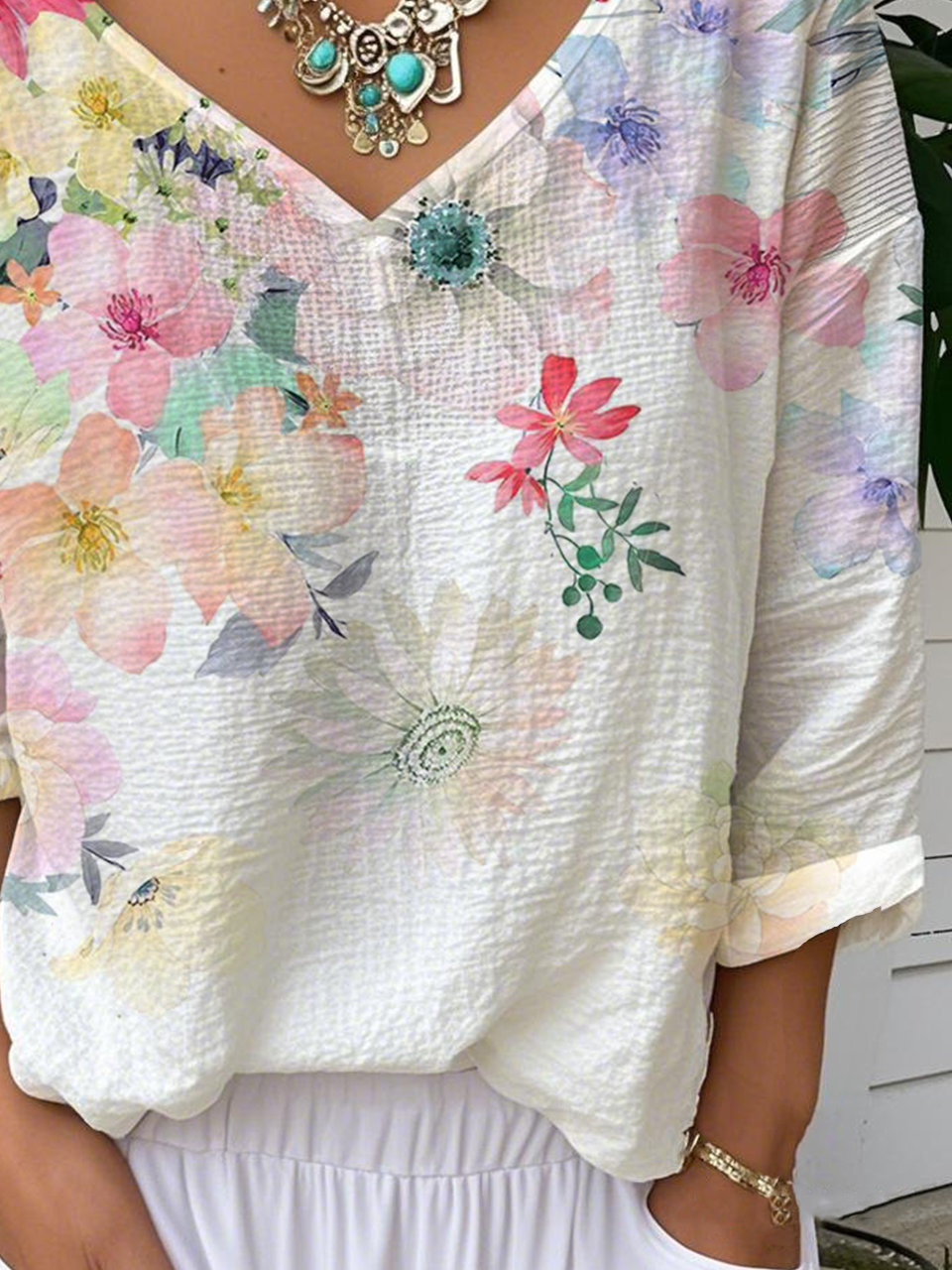 Casual Floral V Neck Long Sleeve T-shirt