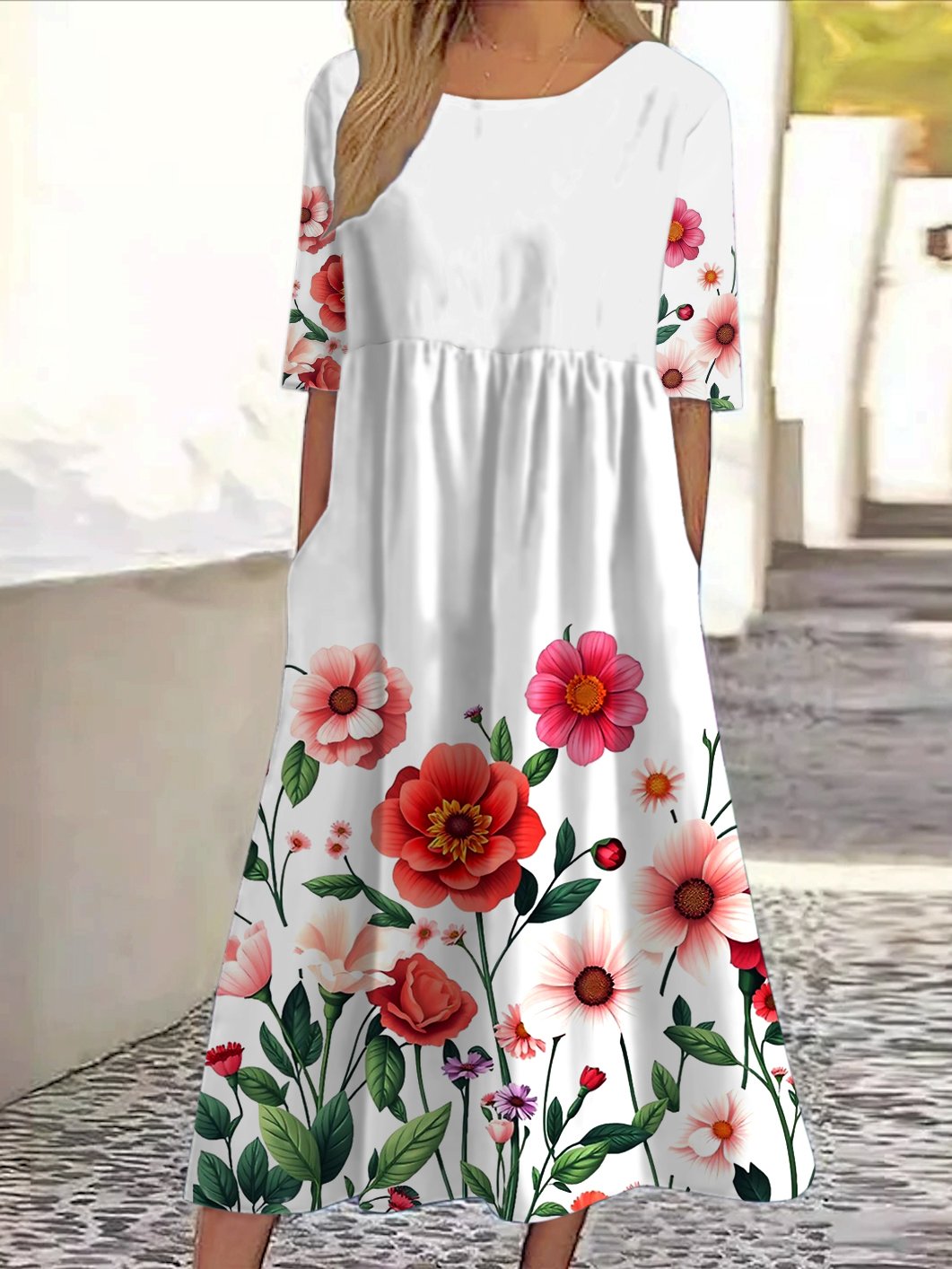 Women Floral Crew Neck Short Sleeve Comfy Casual Maxi Dress