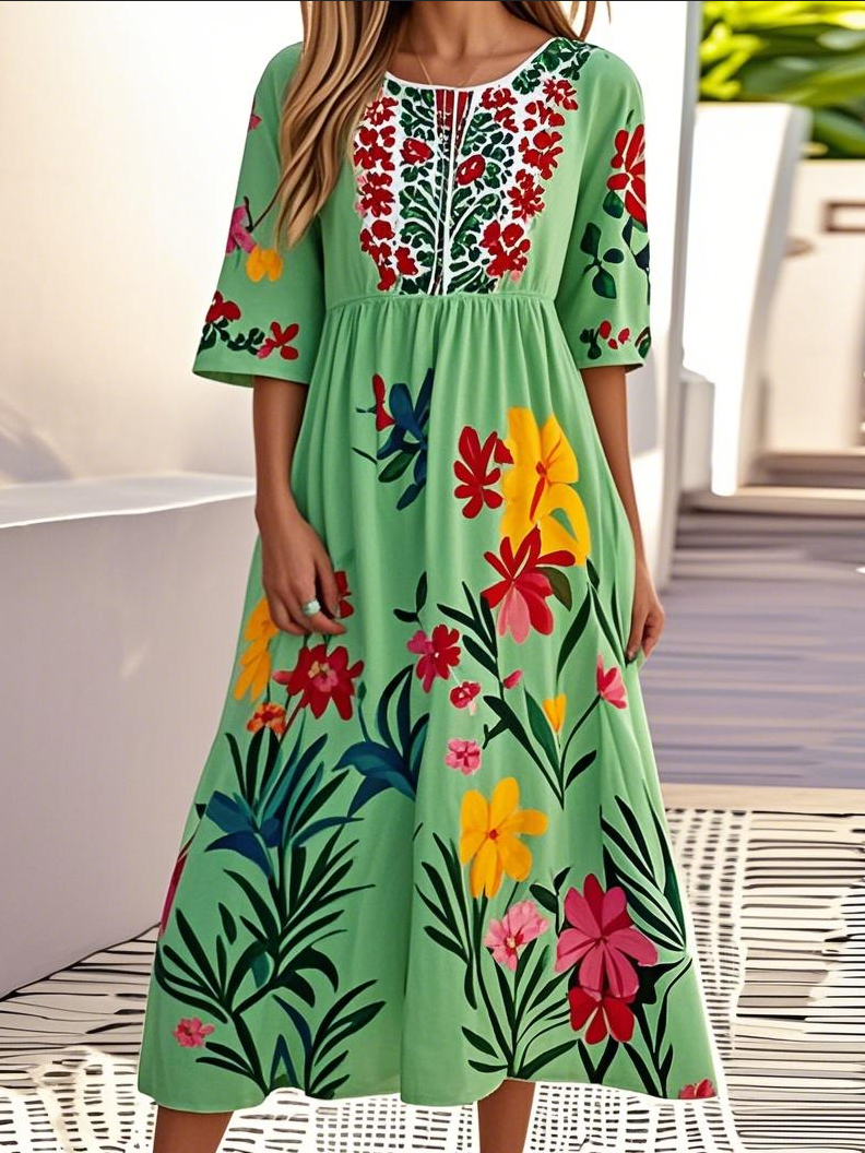 Women Floral Crew Neck Short Sleeve Comfy Casual Maxi Dress