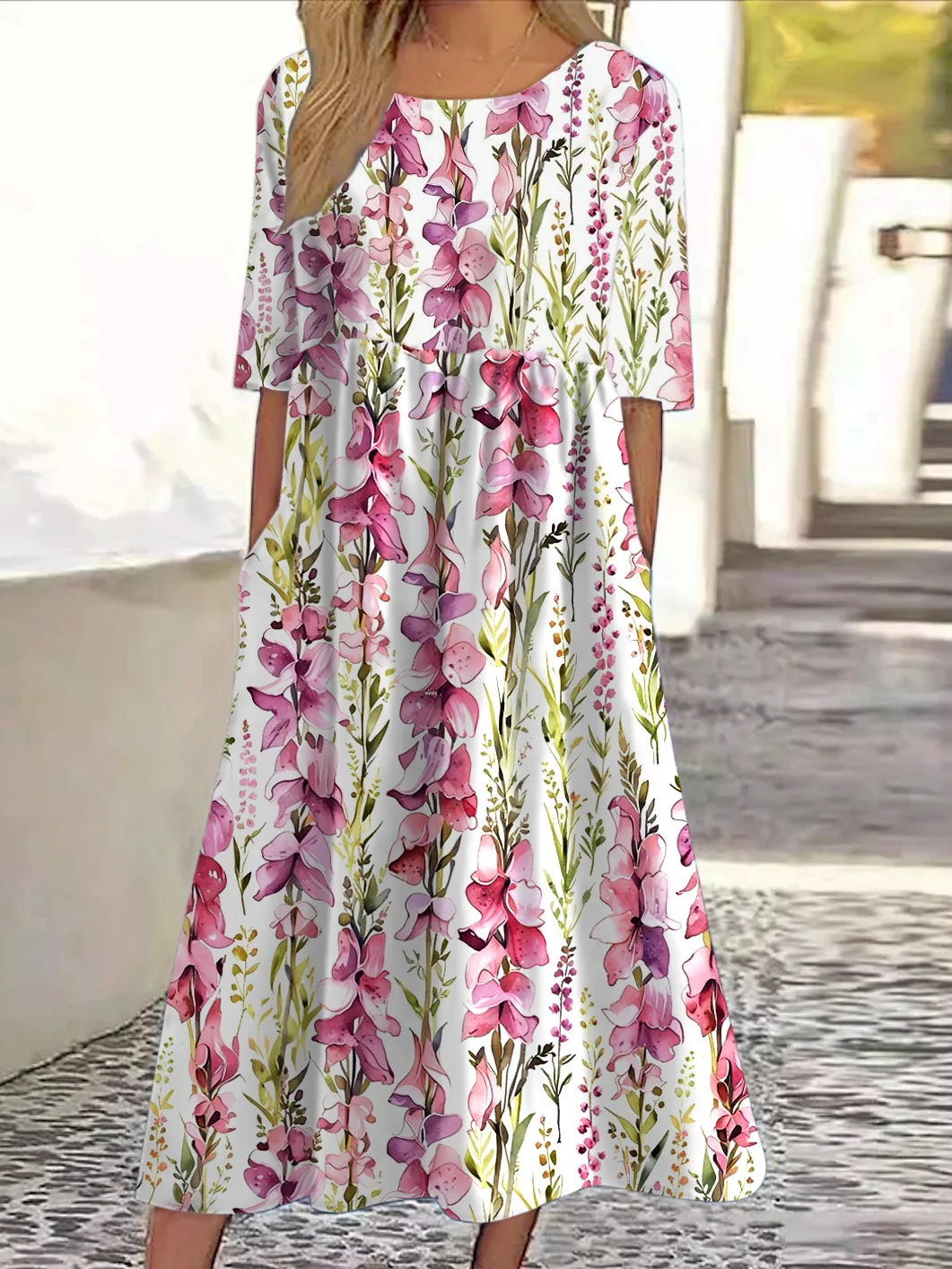 Women Floral Crew Neck Short Sleeve Comfy Casual Maxi Dress