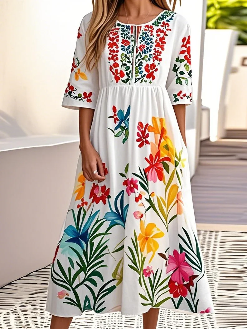 Women Floral Crew Neck Short Sleeve Comfy Casual Maxi Dress