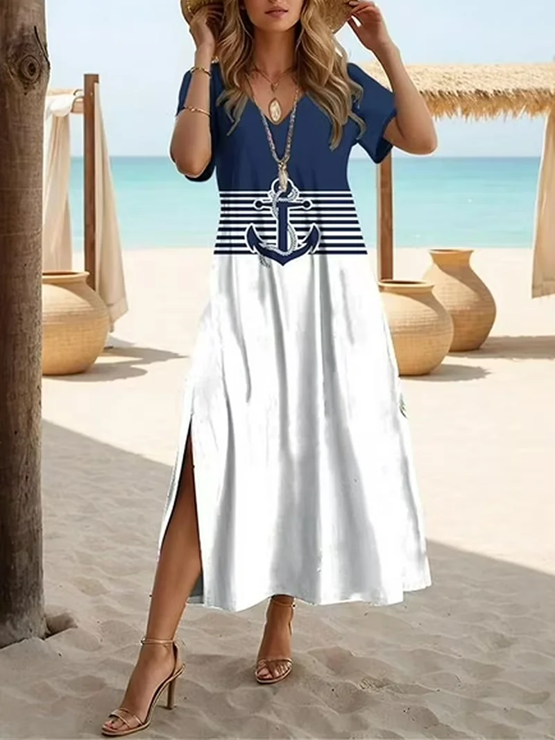 Women Anchor V Neck Short Sleeve Comfy Casual Printing Maxi Dress