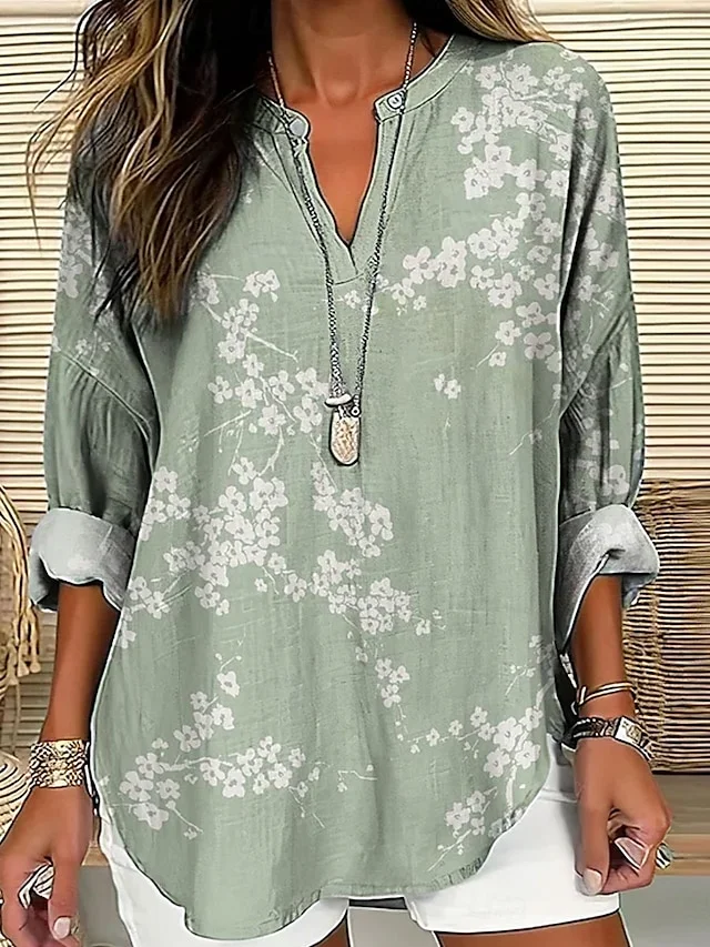 Shawl Collar Half Sleeve Floral Regular Loose Blouse For Women