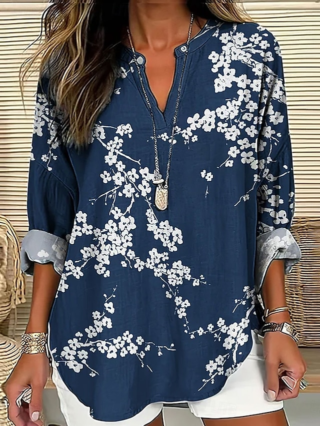 Shawl Collar Half Sleeve Floral Regular Loose Blouse For Women