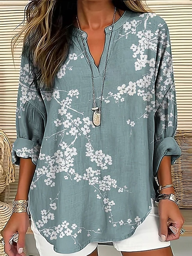 Shawl Collar Half Sleeve Floral Regular Loose Blouse For Women