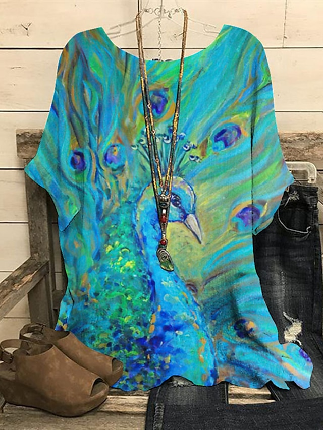 Vintage Peacock Crew Neck Three Quarter Sleeve T-shirt