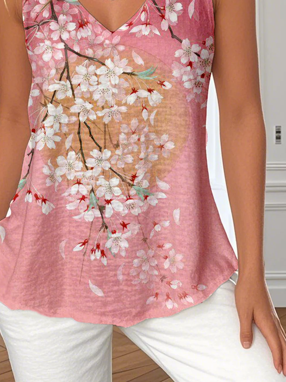 Casual Floral V Neck Sleeveless T-shirt