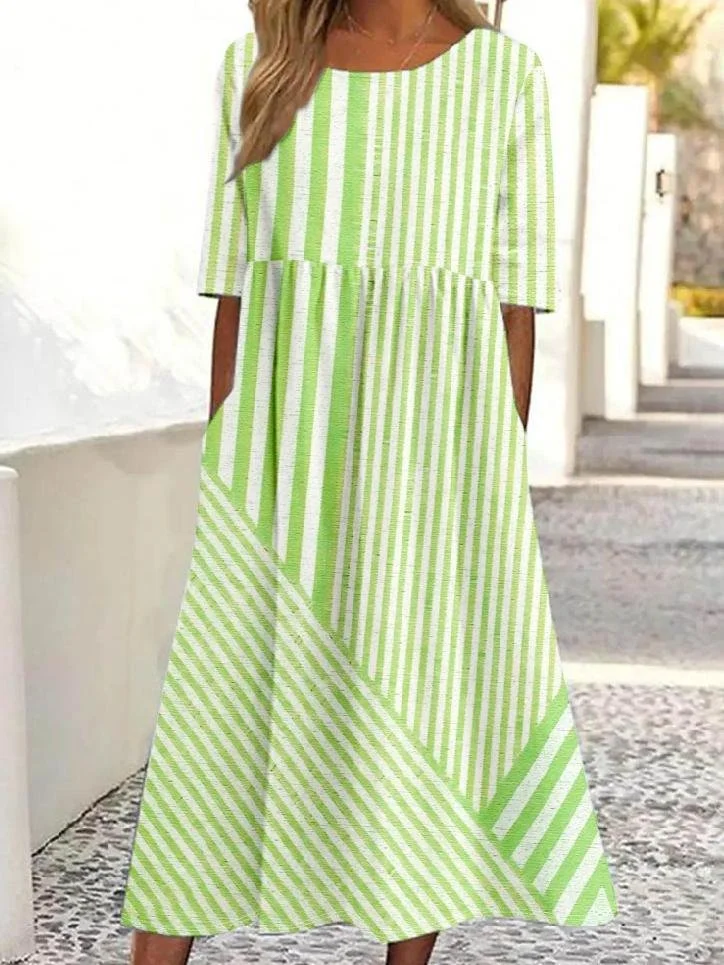 Women Striped Crew Neck Half Sleeve Comfy Casual Maxi Dress