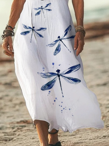 Women Dragonfly V Neck Short Sleeve Comfy Casual Printing Maxi Dress