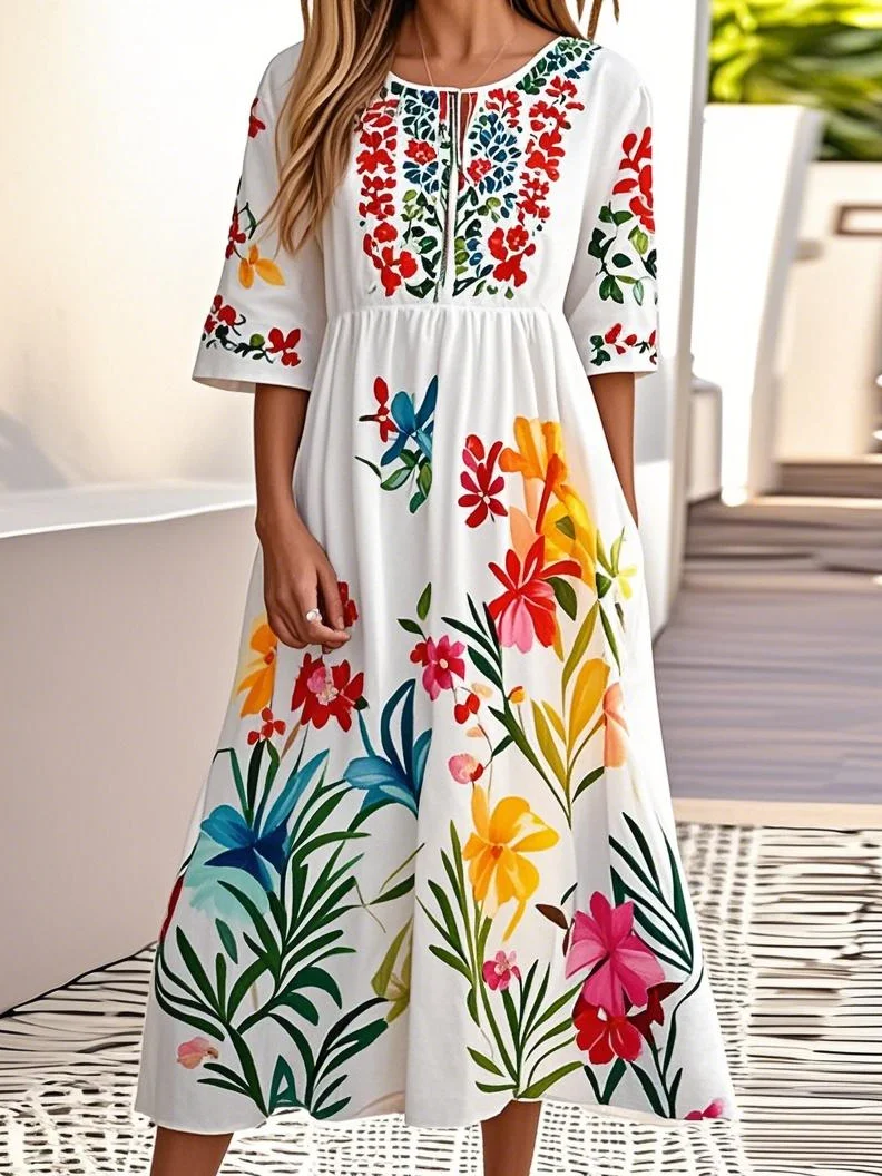 Women Floral Crew Neck Short Sleeve Comfy Casual Maxi Dress
