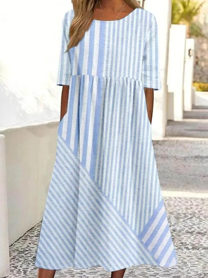 Women Striped Crew Neck Half Sleeve Comfy Casual Maxi Dress